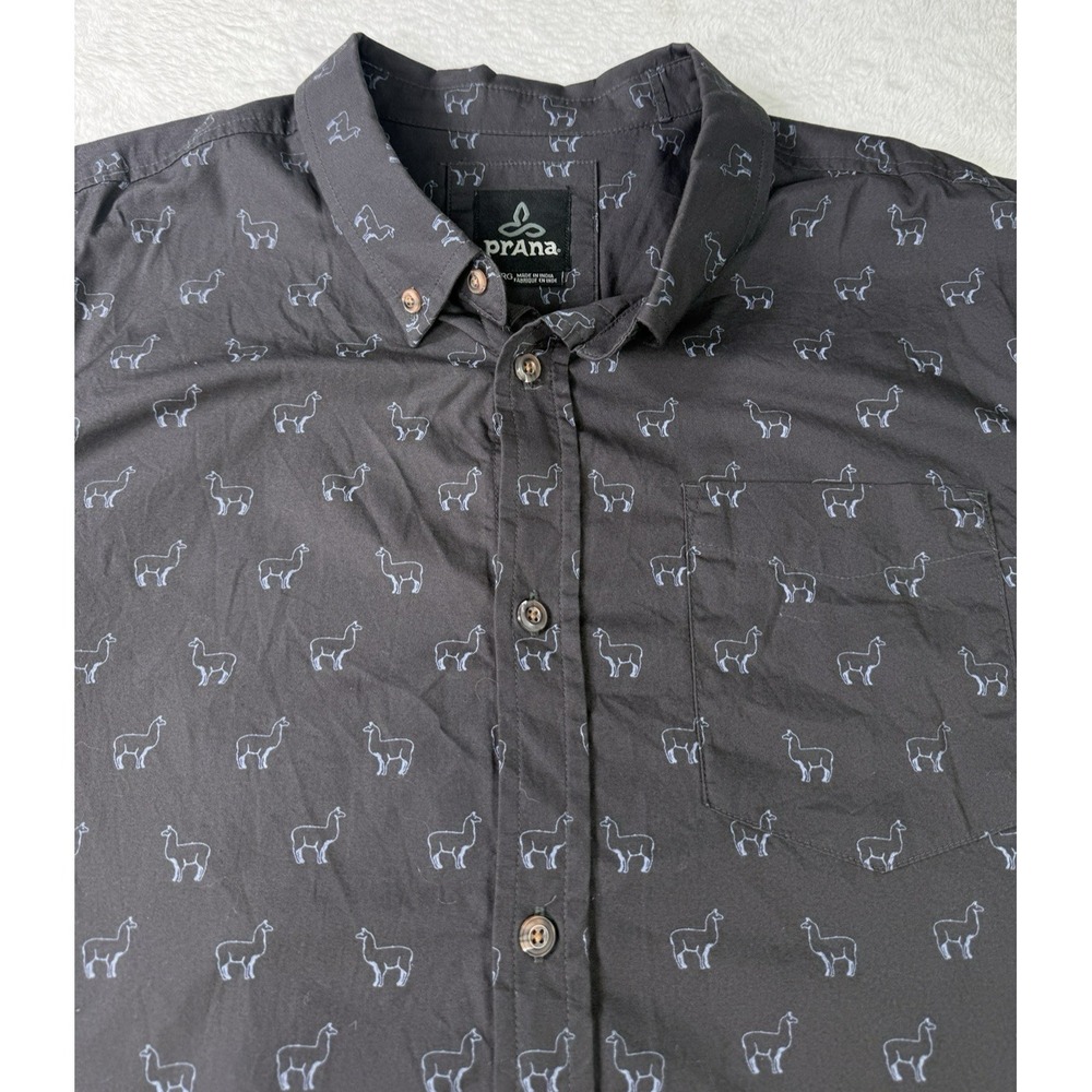 Prana Shirt Mens 2XL Gray Llama All Over Print Outdoor Hiking Trail Button Down